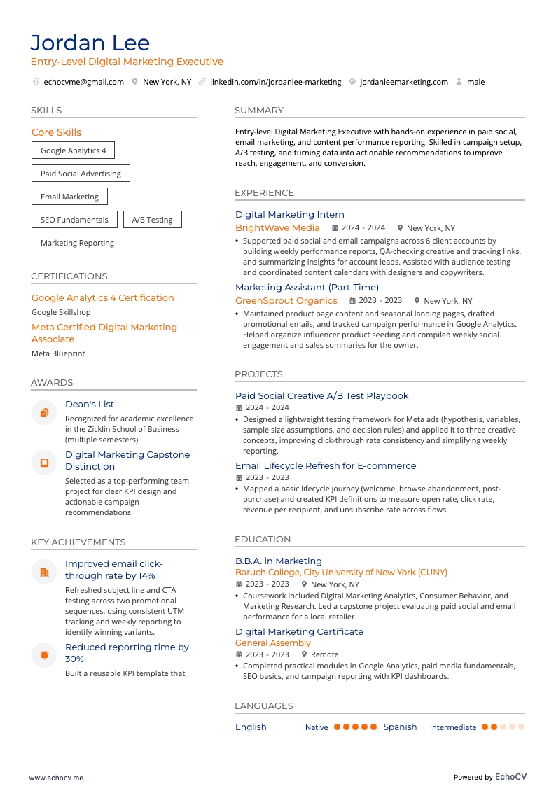 Chuyên viên marketing kỹ thuật số mới vào nghề example resume