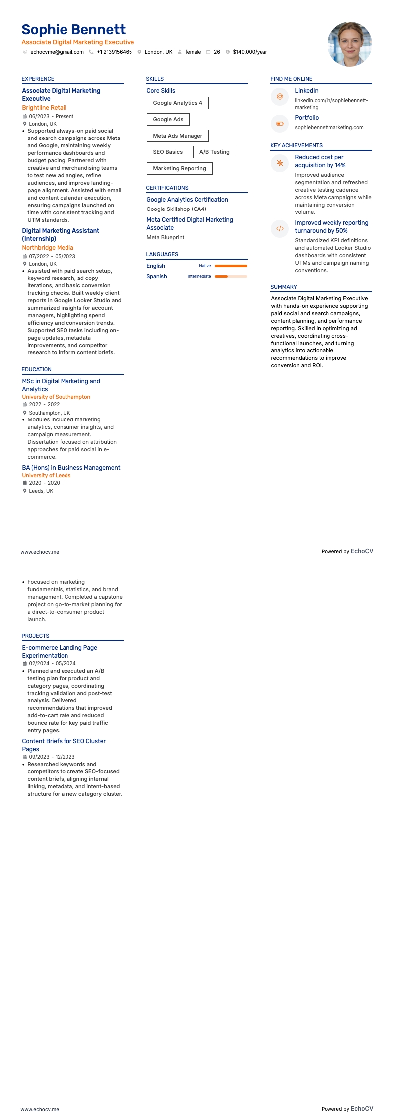 Chuyên viên điều hành tiếp thị số cấp associate example resume