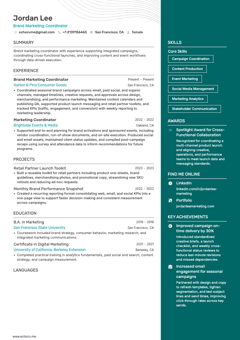 Điều phối viên tiếp thị thương hiệu example resume