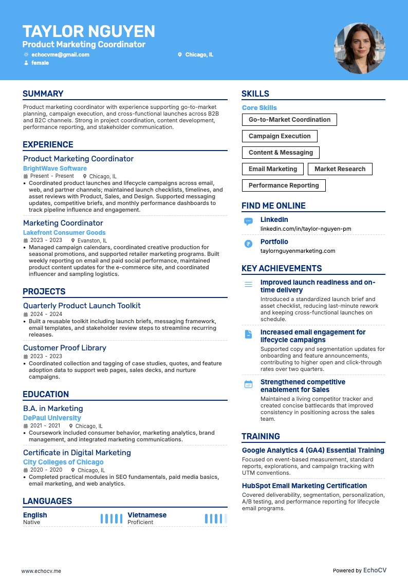 Điều phối viên tiếp thị sản phẩm example resume