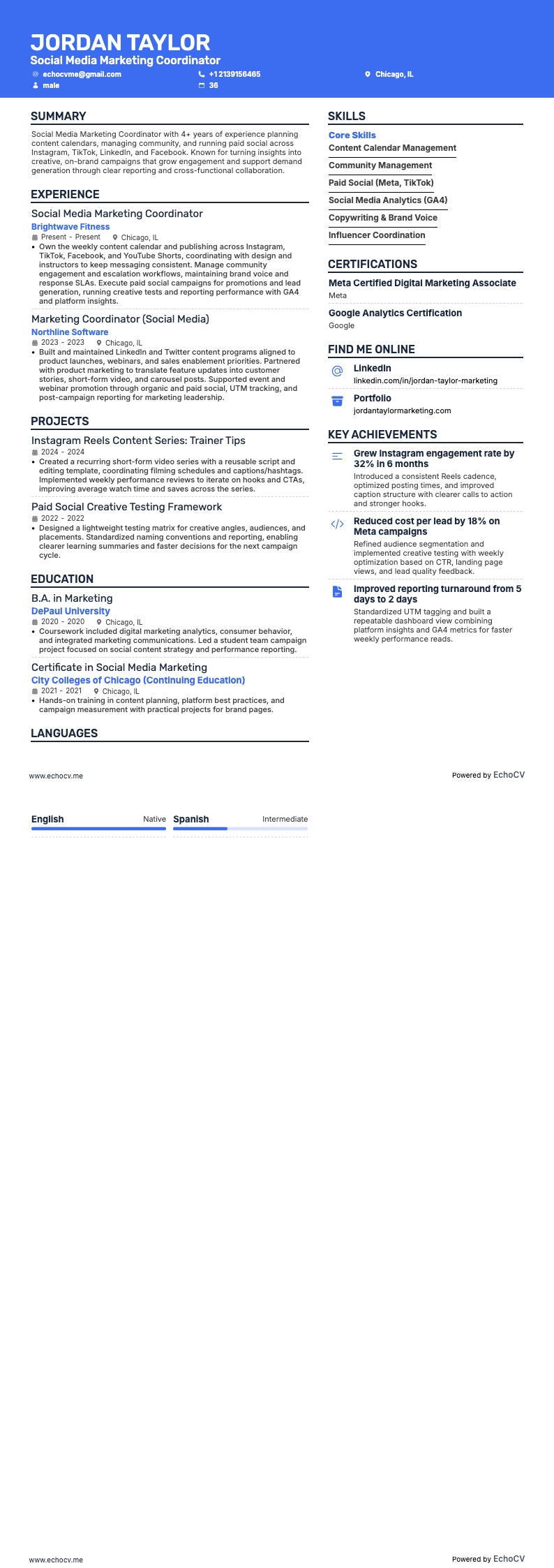 Điều phối viên marketing mạng xã hội example resume