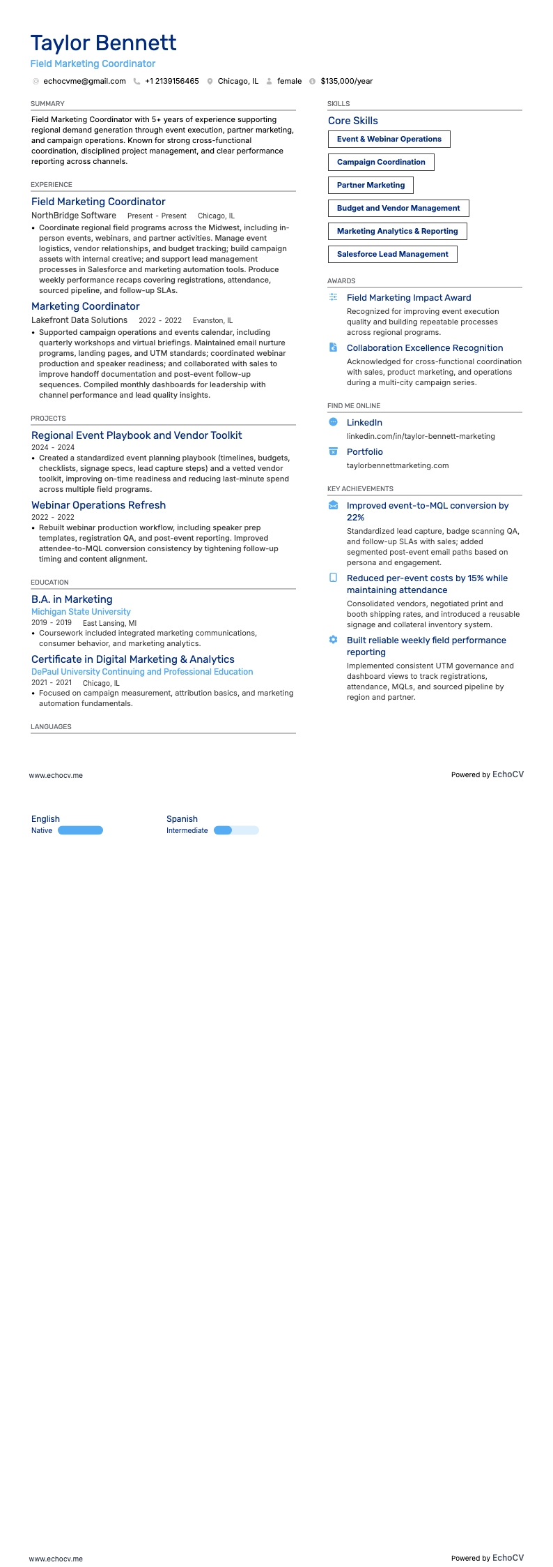 Điều phối viên marketing hiện trường example resume