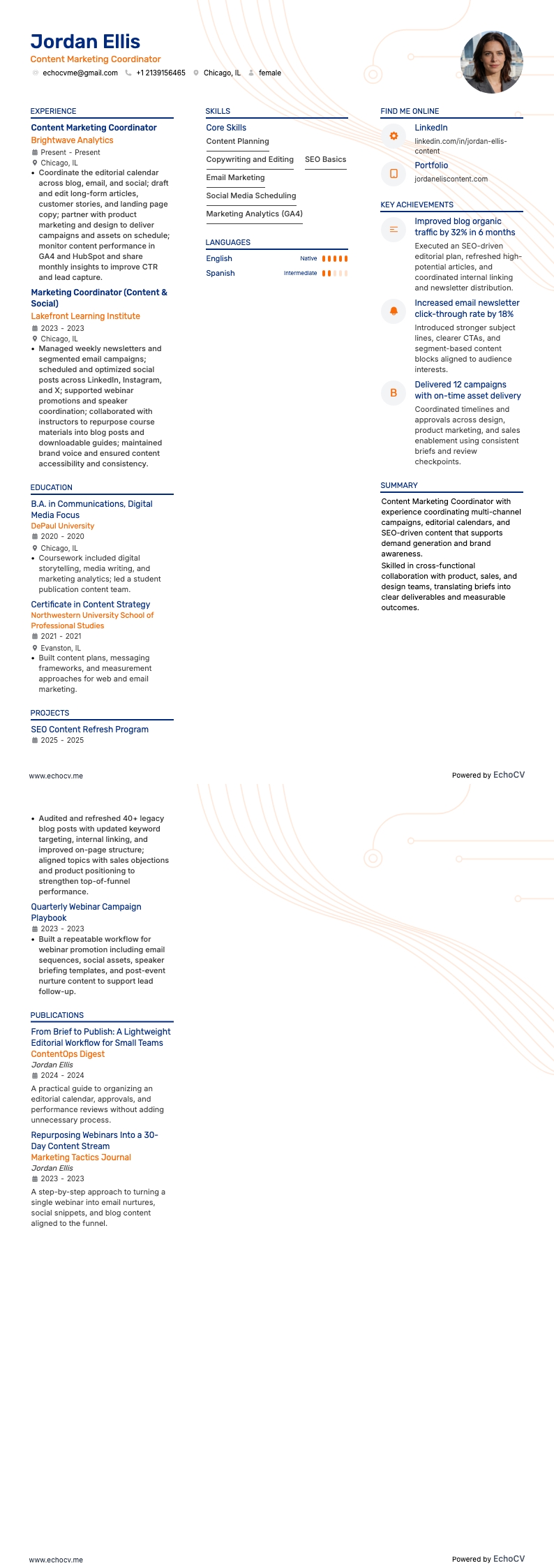 Điều phối viên Tiếp thị Nội dung example resume