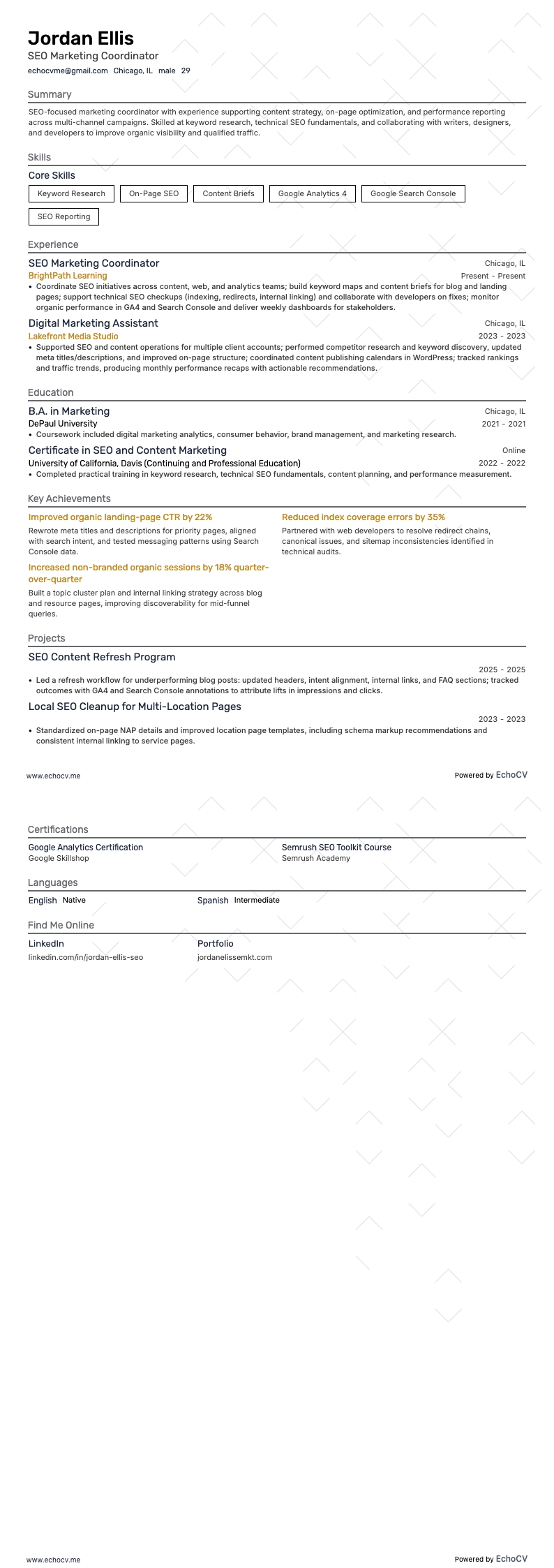 Điều phối viên Marketing SEO example resume