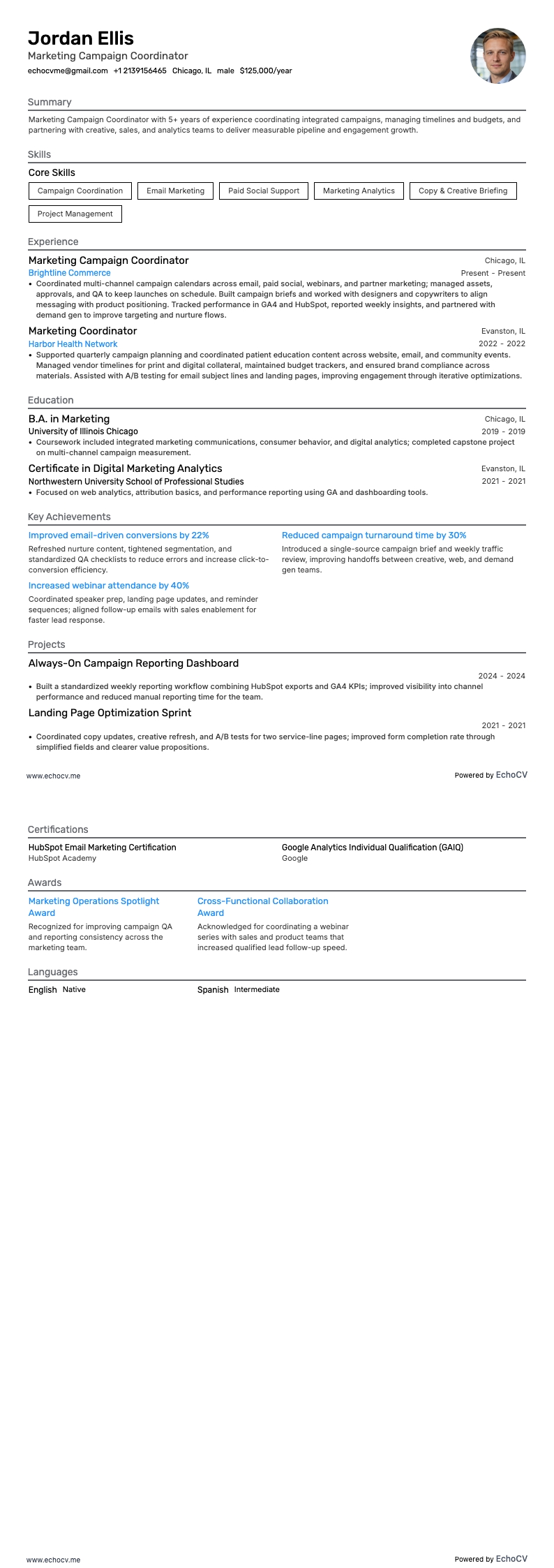 Điều phối viên Marketing resume example