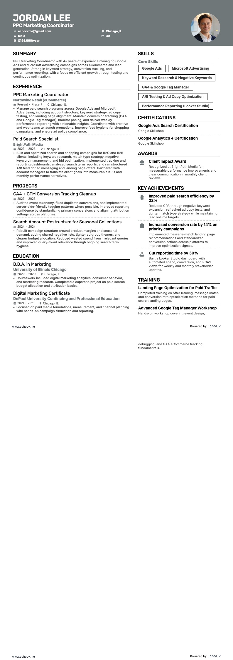 Điều phối viên marketing PPC example resume