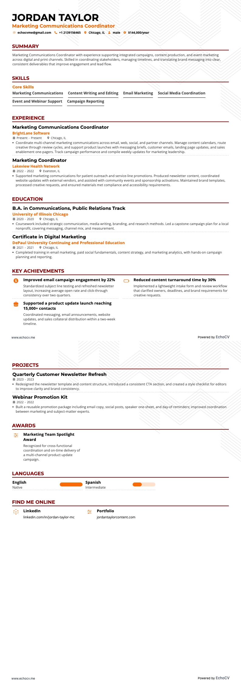 Điều phối viên truyền thông marketing example resume