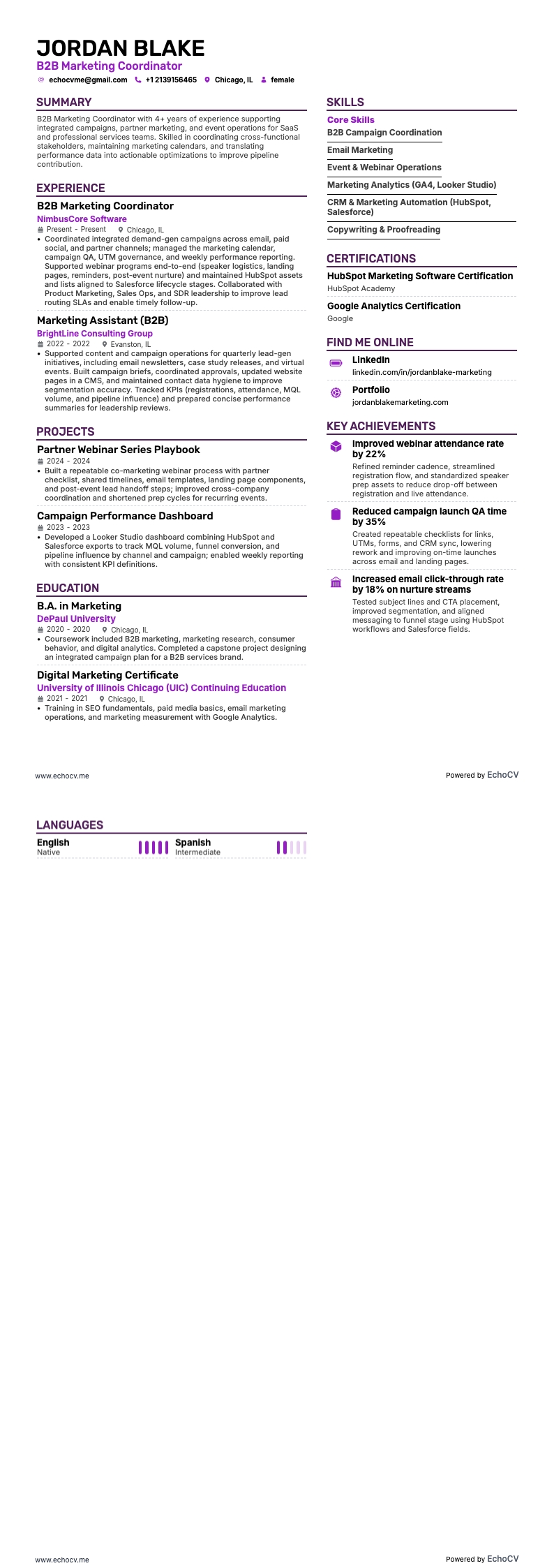 Điều phối viên Marketing B2B example resume