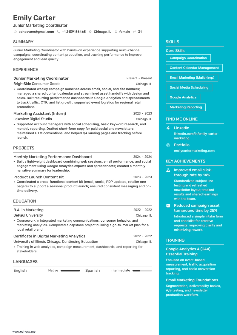 Điều phối viên marketing junior example resume