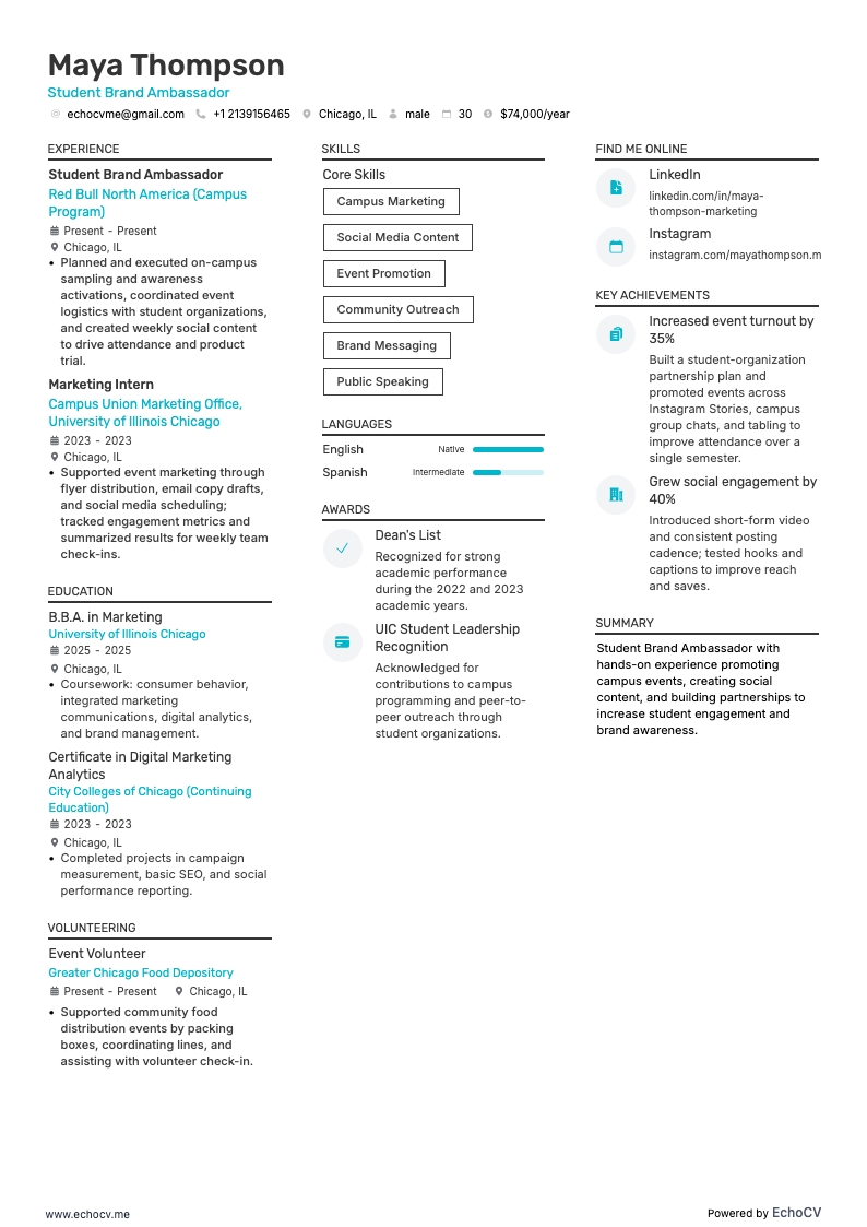 Embaixador de Marca Estudantil example resume