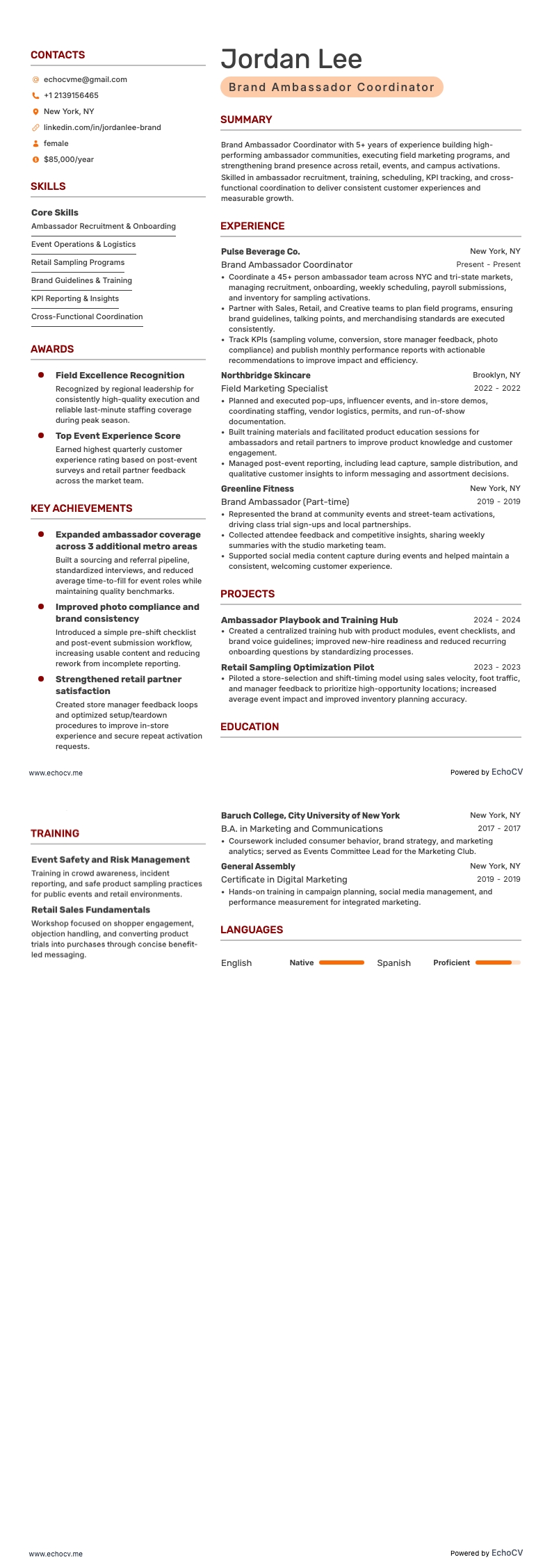 Coordenador de embaixadores da marca example resume