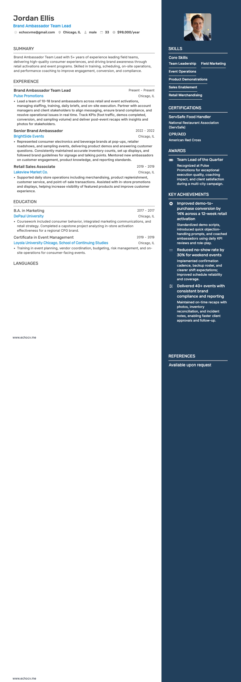 Líder de equipa de embaixadores da marca example resume