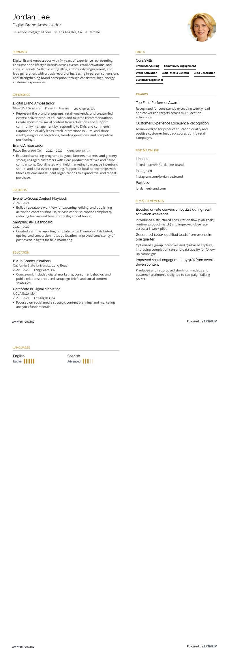 Embaixador de marca digital example resume