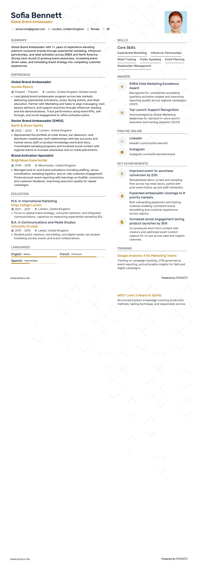 Embaixador Global da Marca example resume