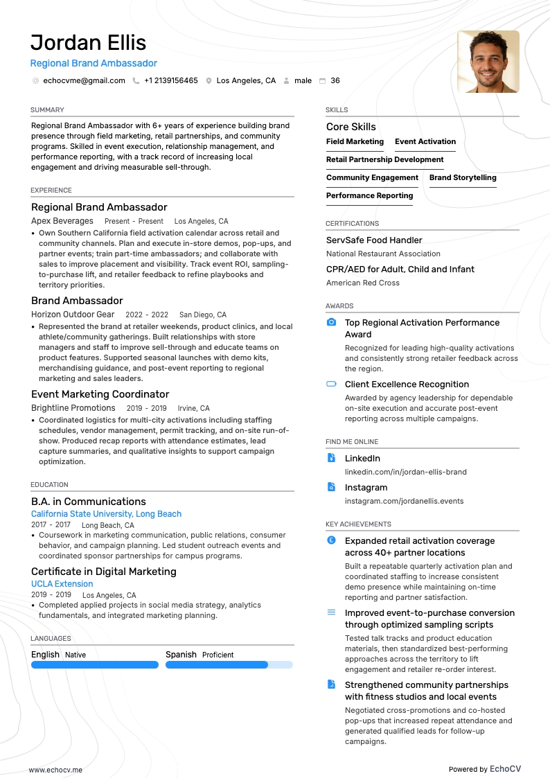 Embaixador Regional da Marca example resume