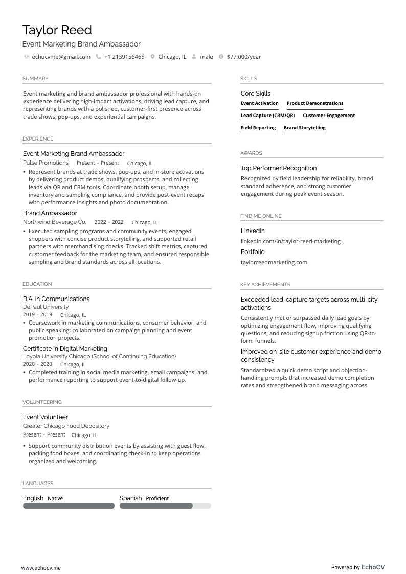 Embaixador(a) de marca de marketing de eventos example resume