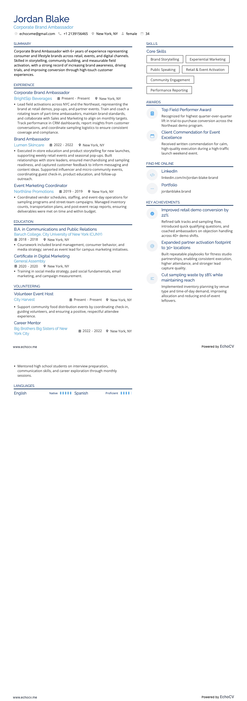 Embaixador da marca corporativa example resume