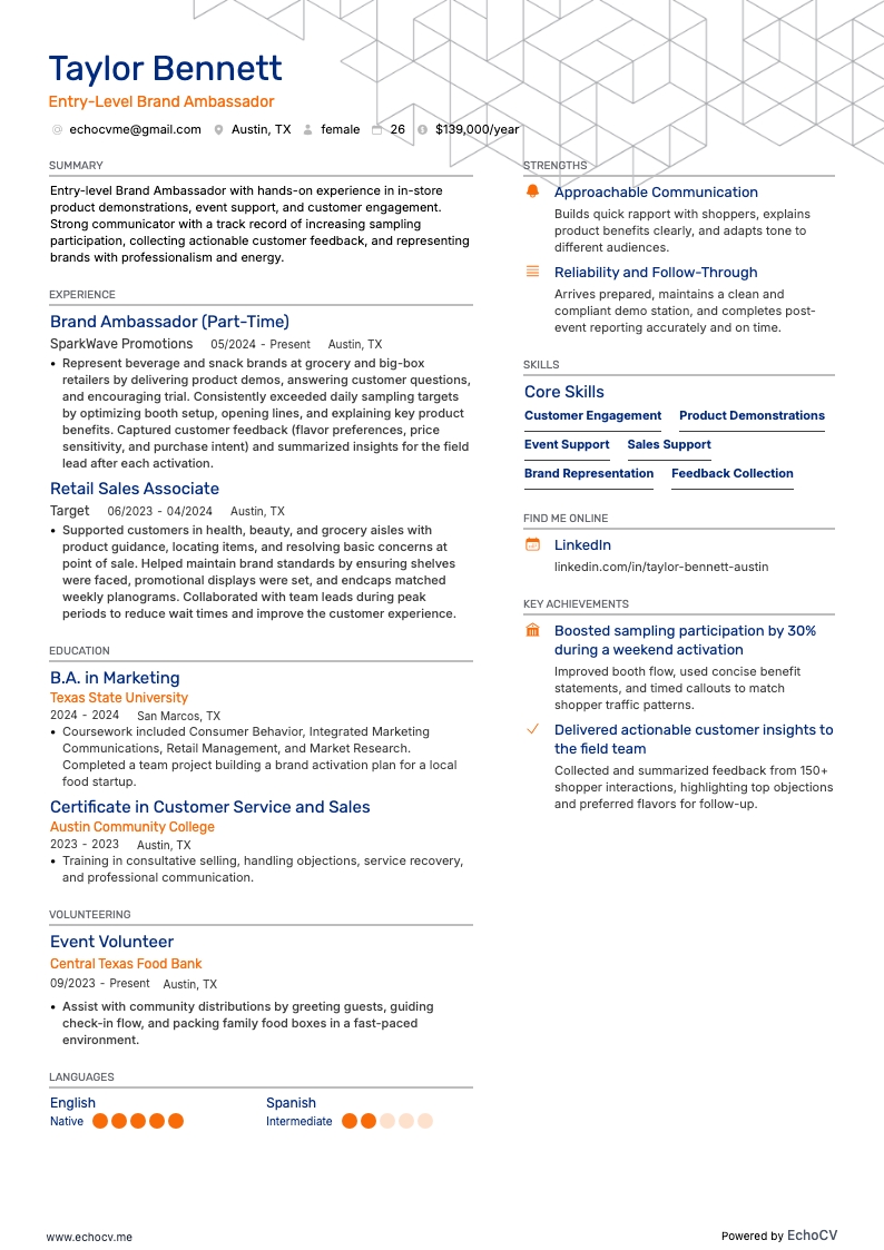 品牌大使 resume example