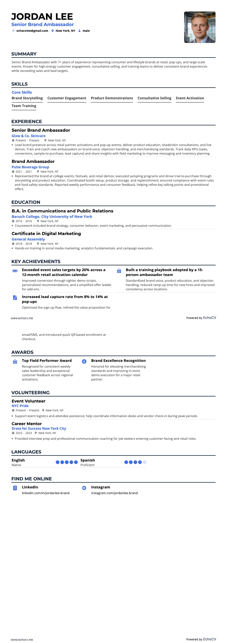 Embaixador de Marca Sênior example resume