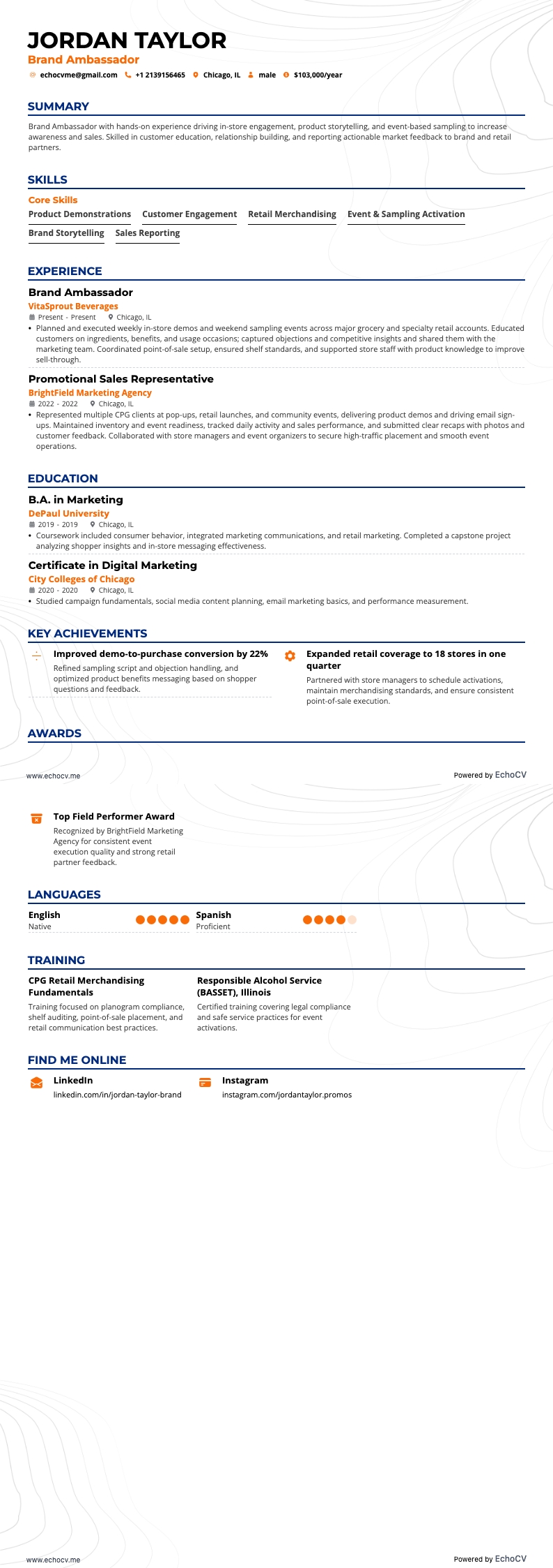 Brand Ambassador example resume