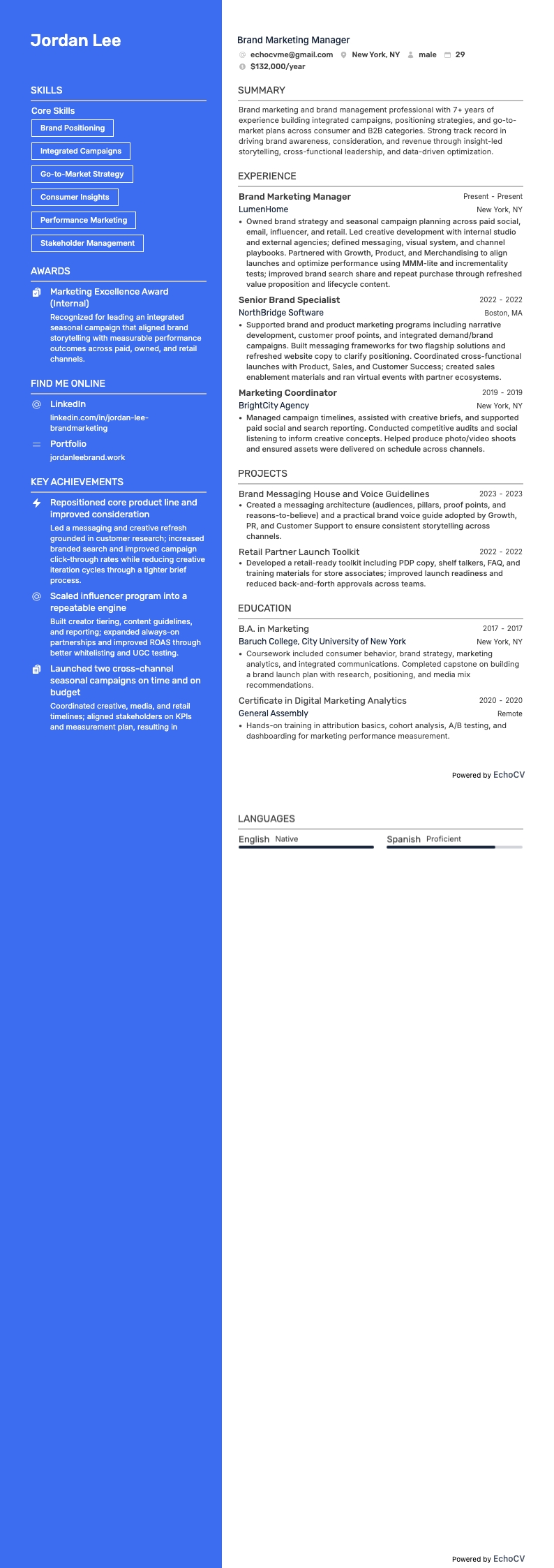 Brand Marketing example resume