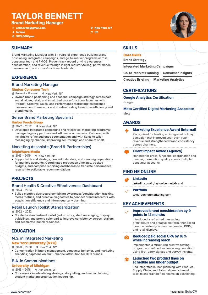 Brand Marketing Manager example resume