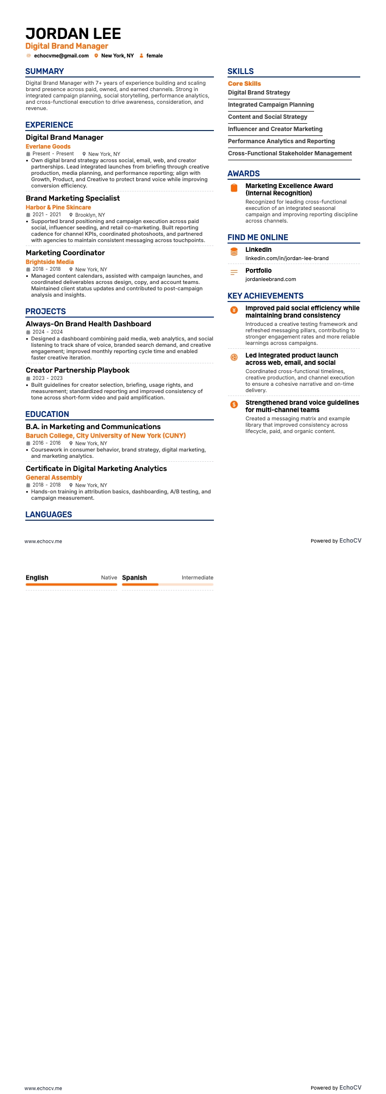 Digital Brand Manager example resume