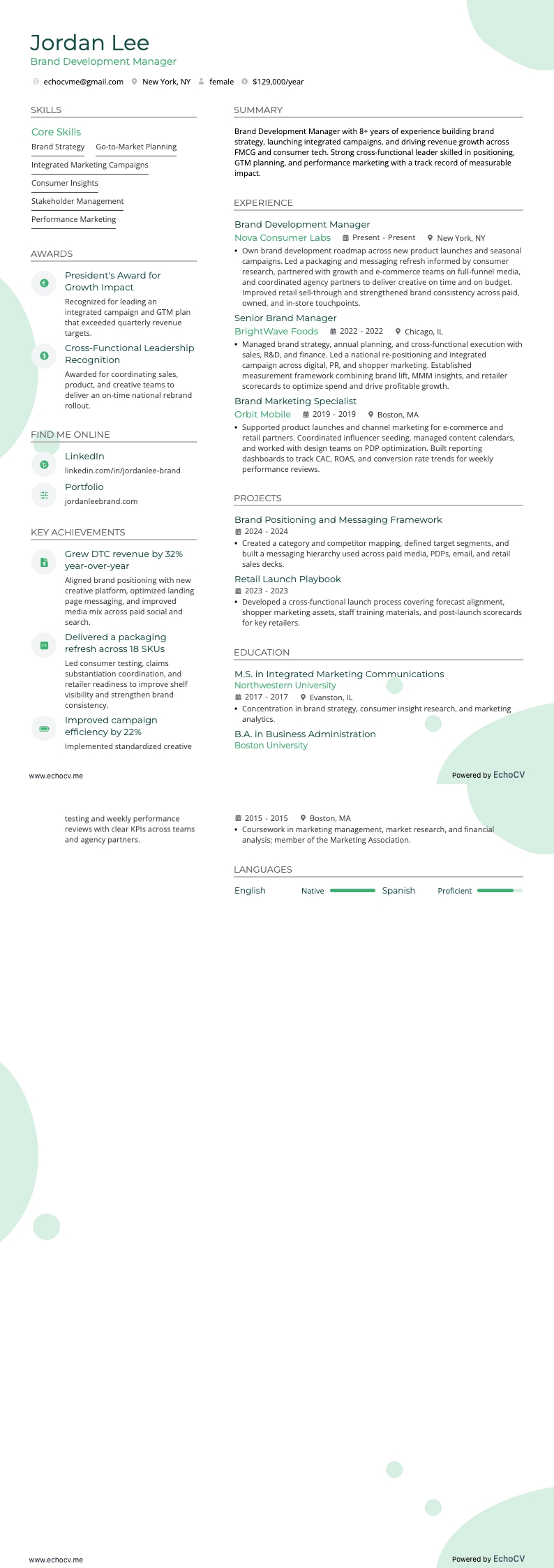 Brand Development Manager example resume