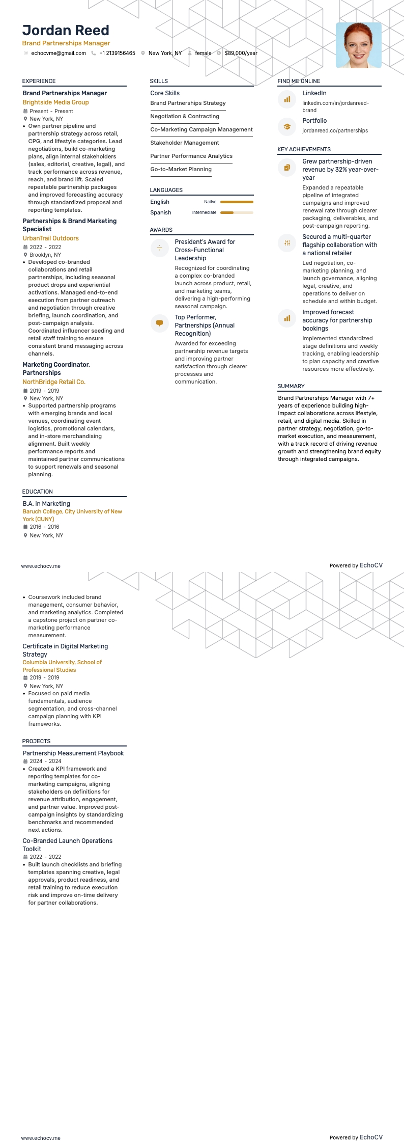 Brand Partnerships Manager example resume