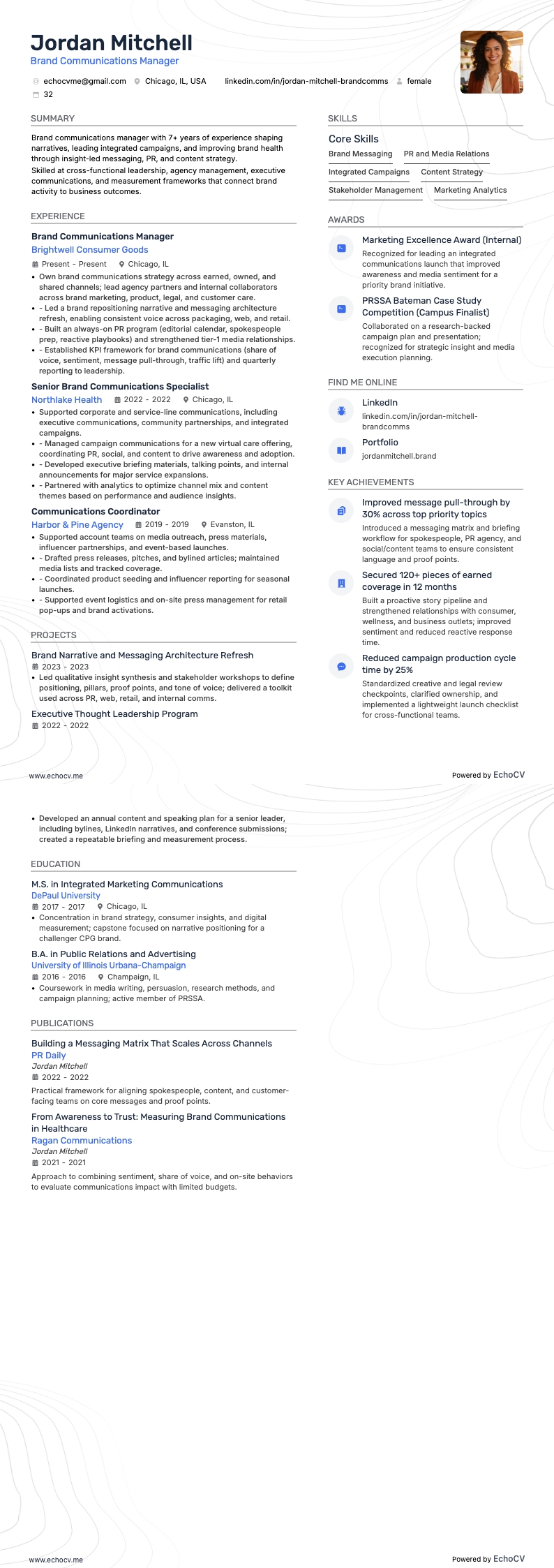 Brand Communications Manager example resume