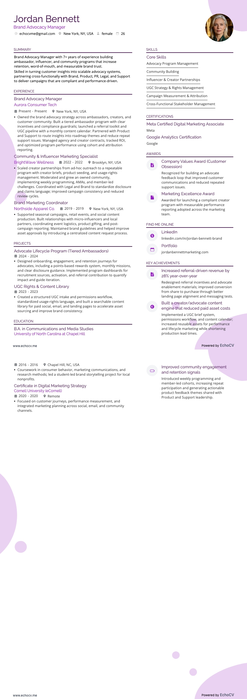 Brand Advocacy Manager example resume