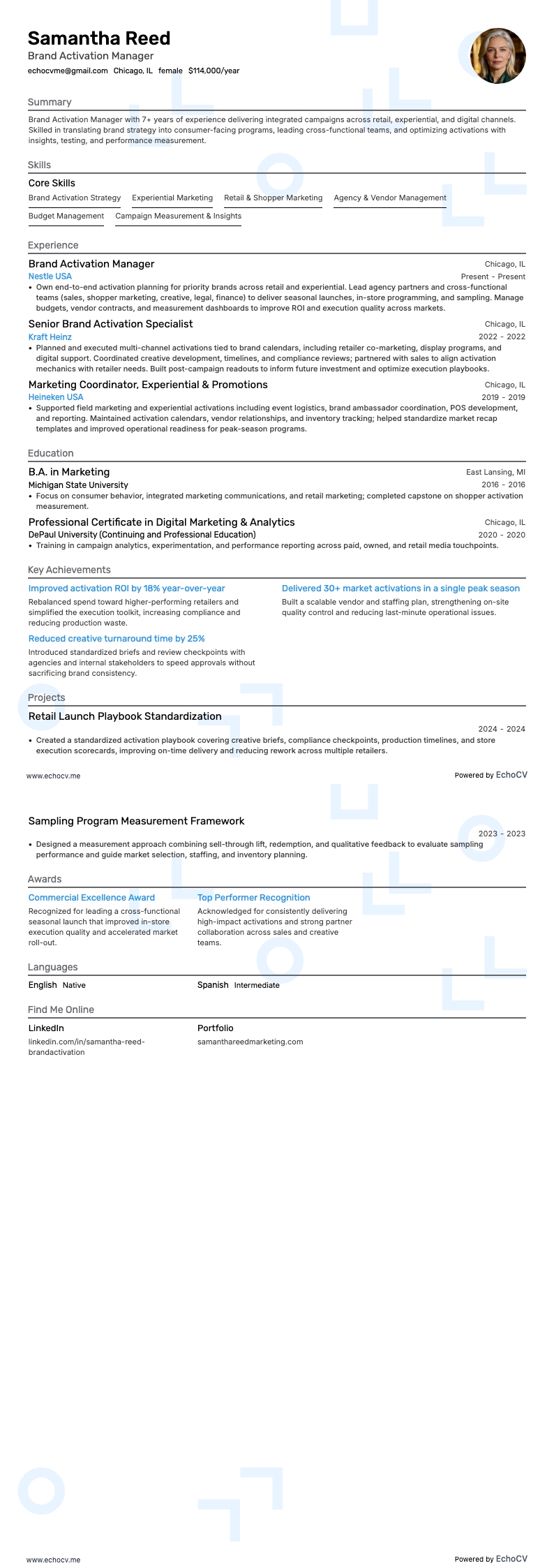 Brand Activation Manager example resume