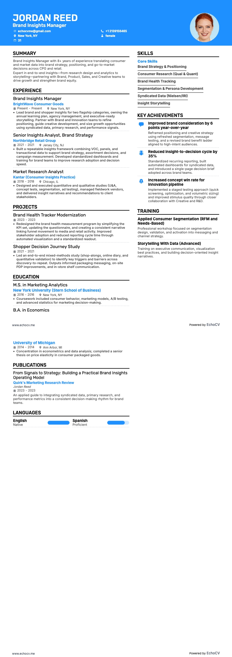 Brand Insights Manager example resume