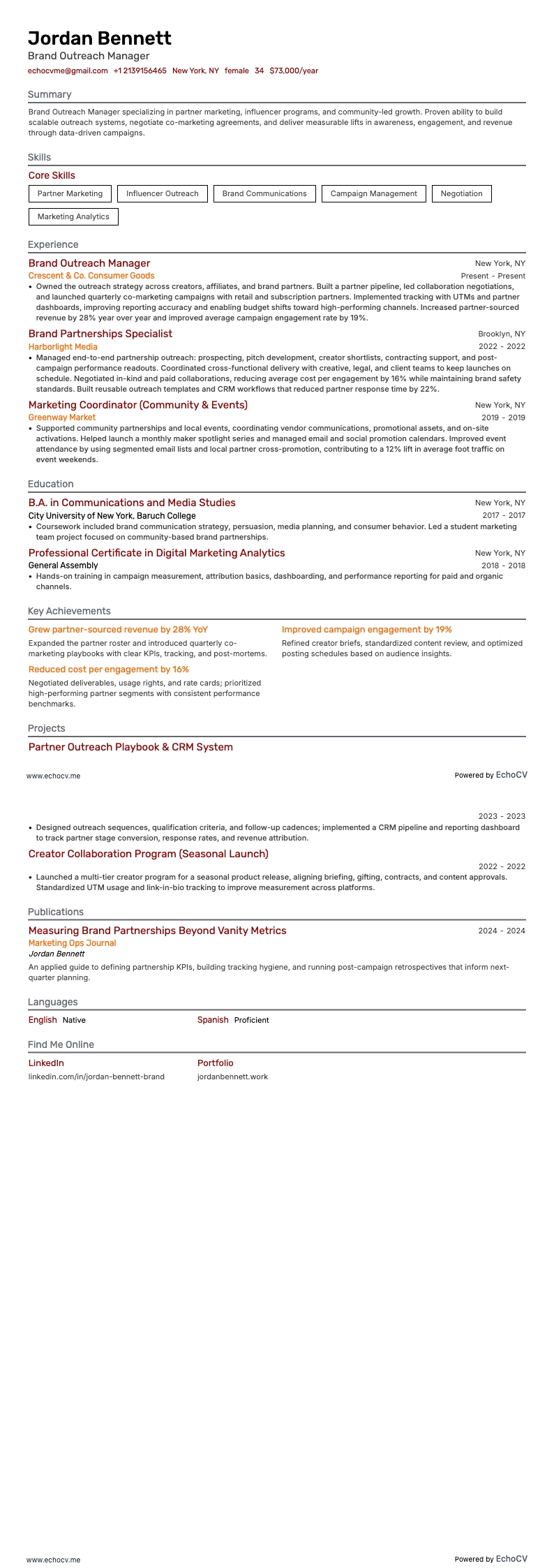 Brand Outreach Manager example resume