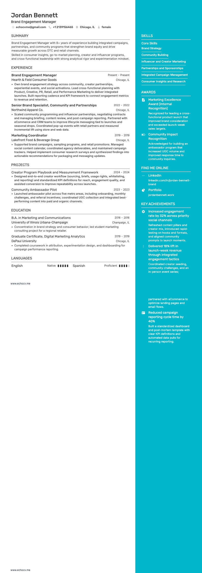 Brand Engagement Manager example resume