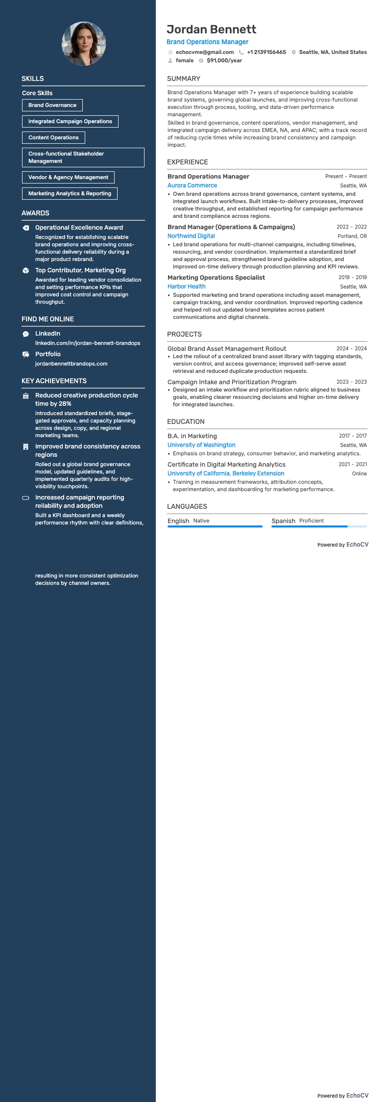 Brand Operations Manager example resume