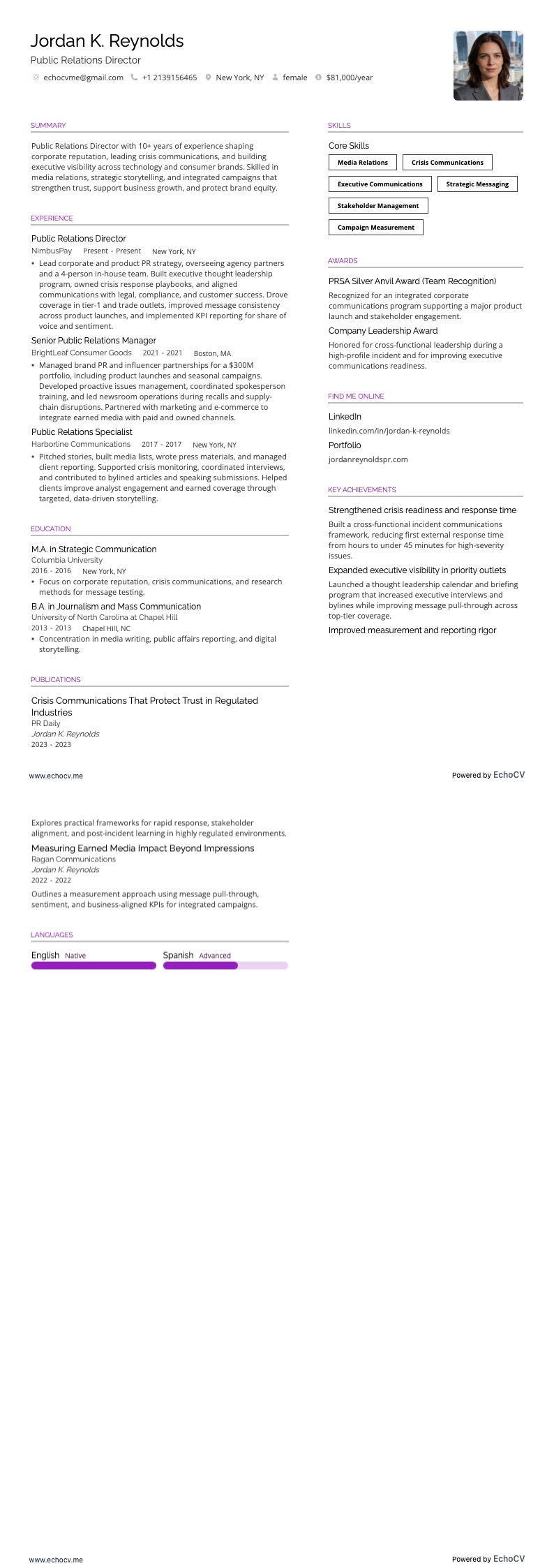 Public Relations Director example resume