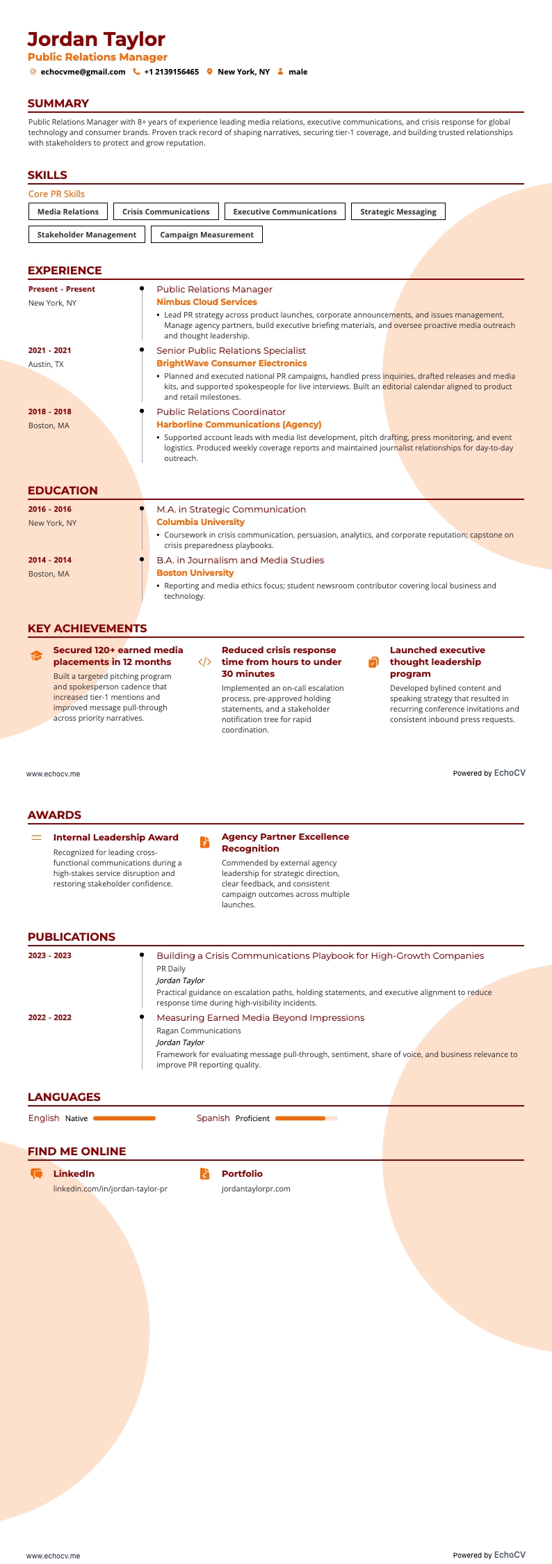 Public Relations Manager example resume