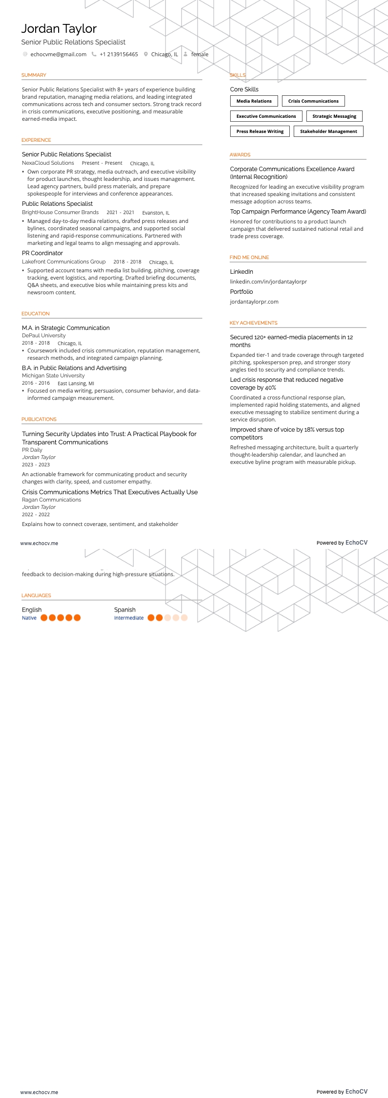 Senior Public Relations Specialist example resume