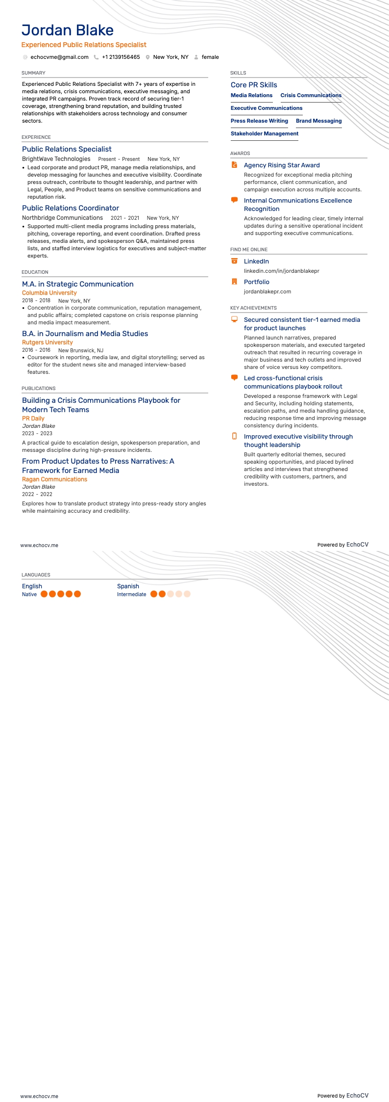 Experienced Public Relations Specialist example resume