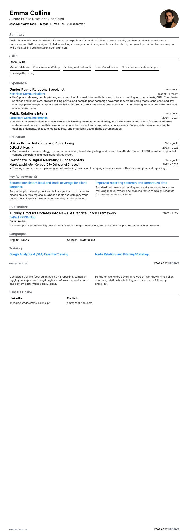 Junior Public Relations Specialist example resume