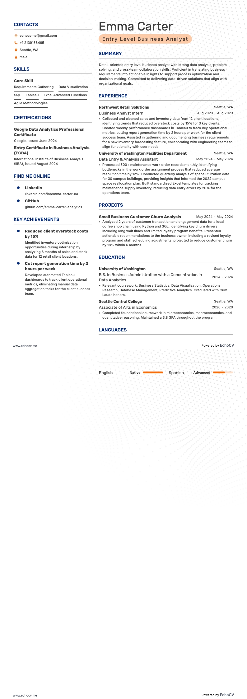 Entry Level Business Analyst example resume