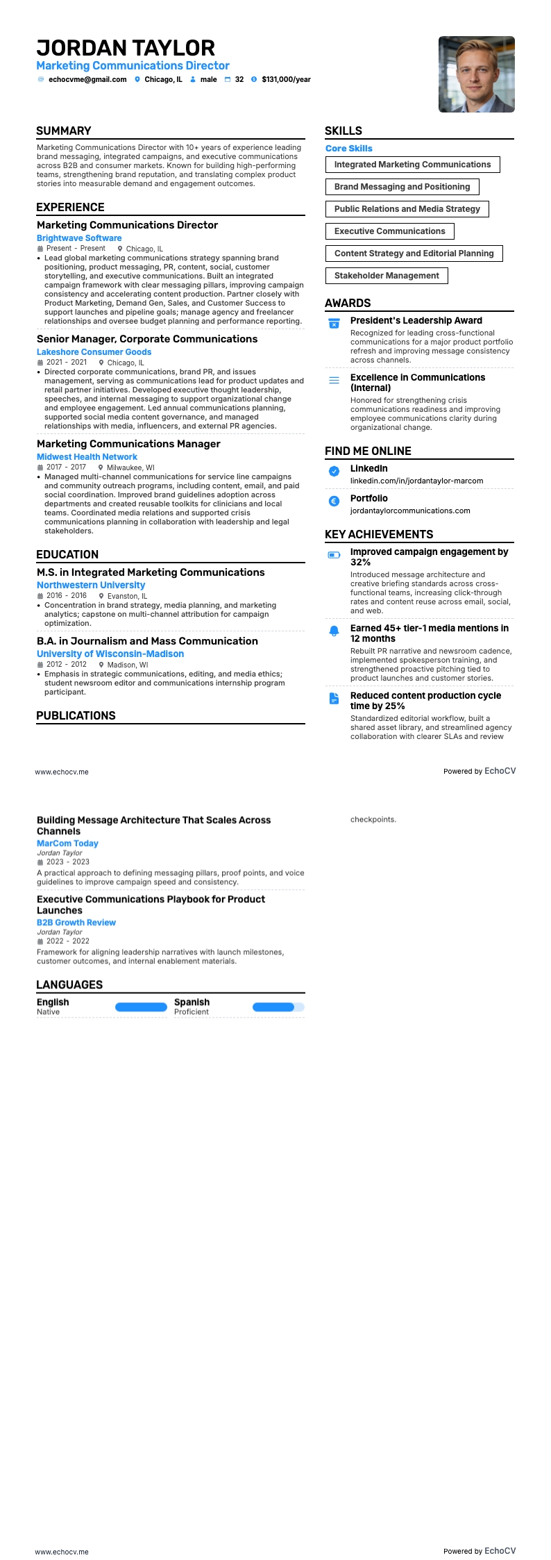 Diretor de Comunicação de Marketing example resume