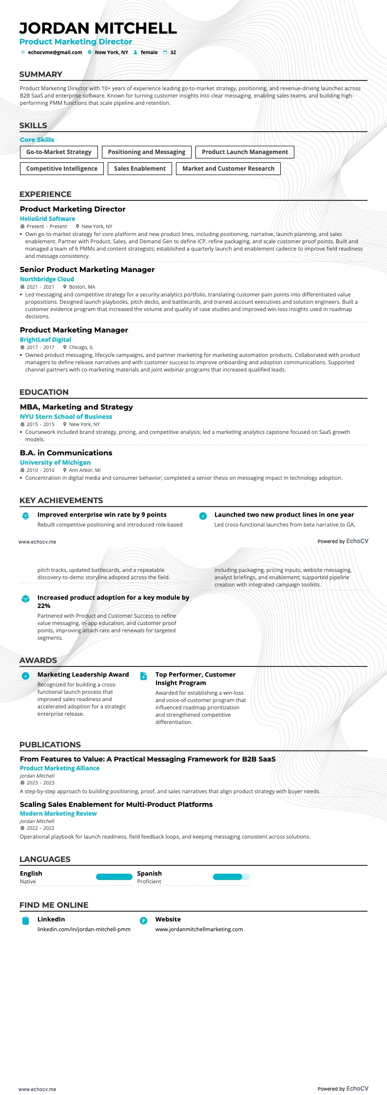 Diretor de Marketing de Produto example resume