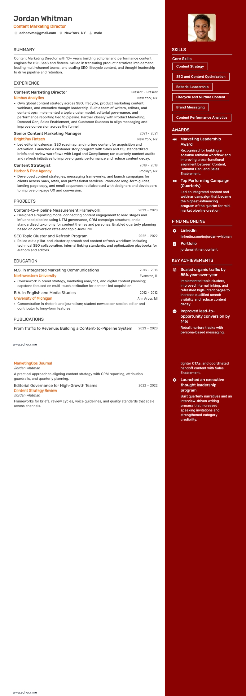 Diretor de Marketing de Conteúdo example resume