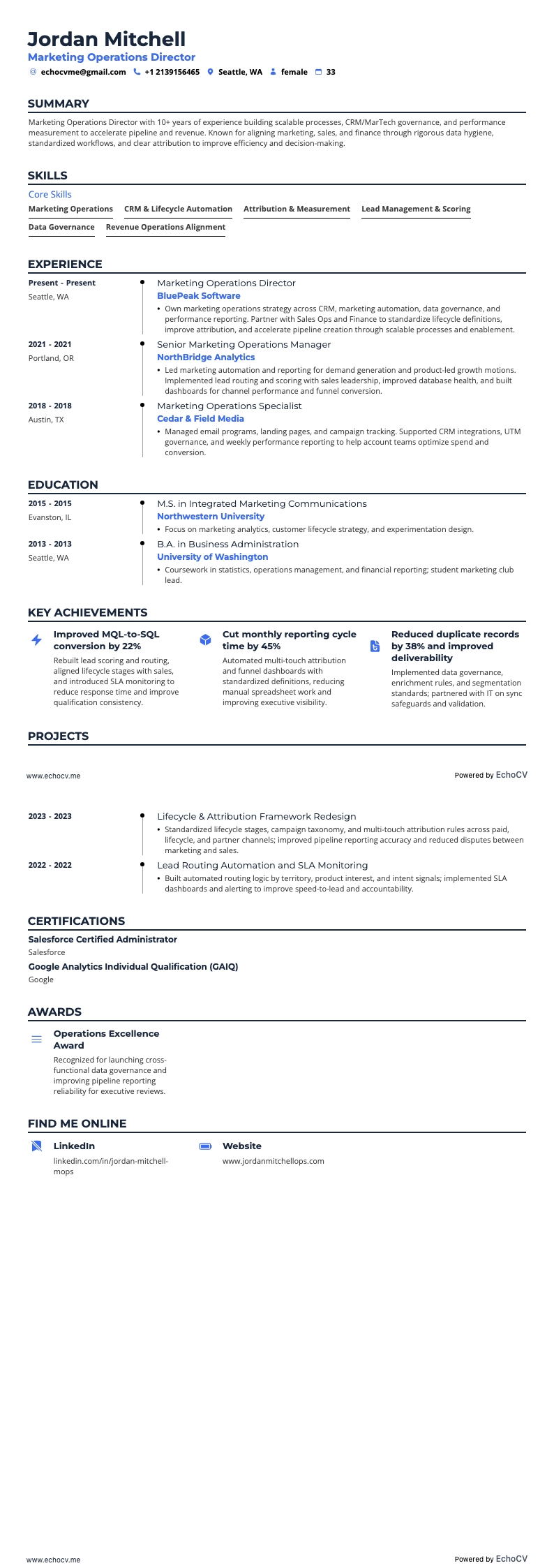 Diretor de Operações de Marketing example resume