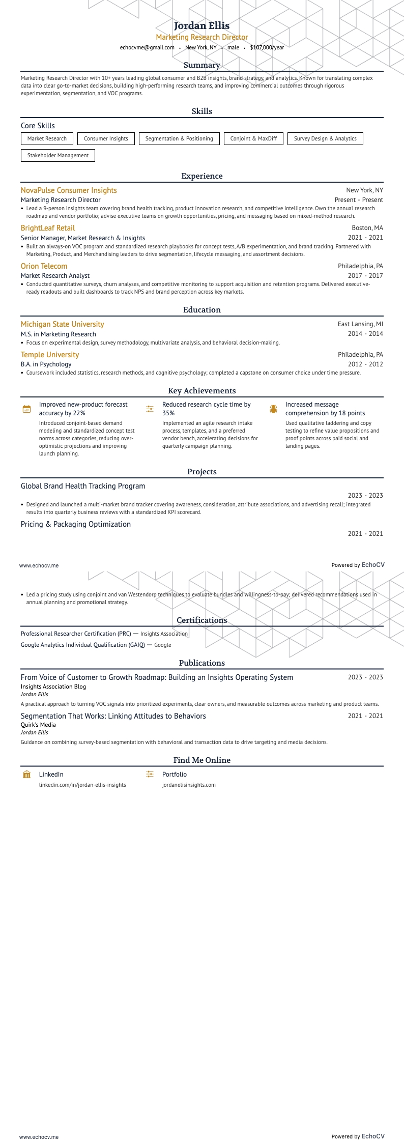 Diretor de Pesquisa de Marketing example resume