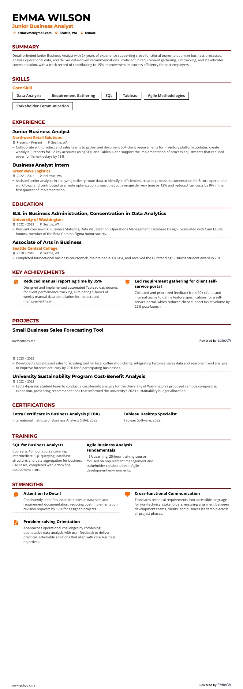 Junior Business Analyst example resume