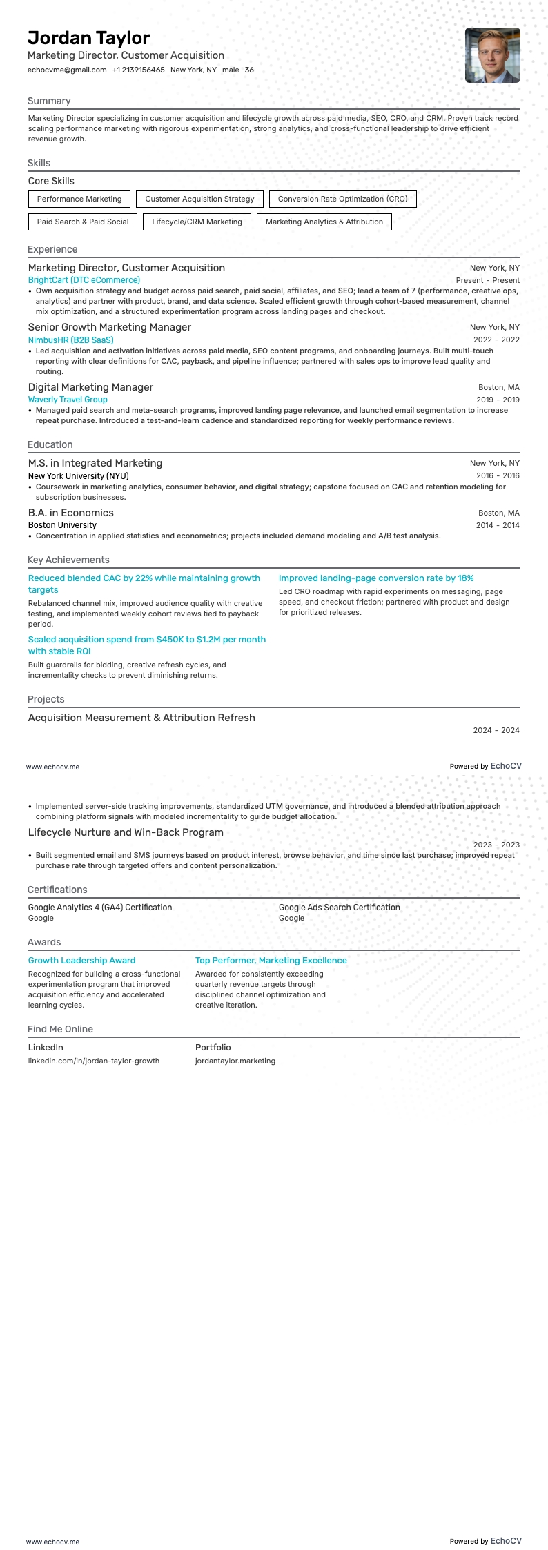 Diretor de Marketing, Aquisição de Clientes example resume