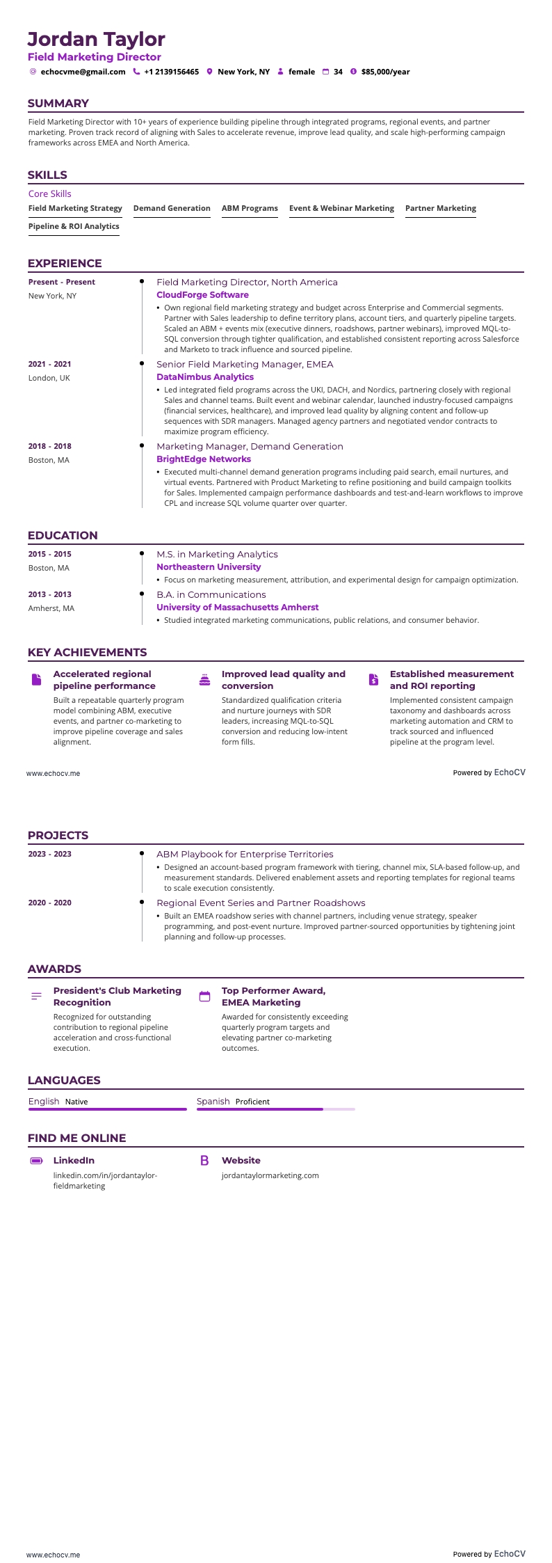 Diretor de marketing de campo example resume